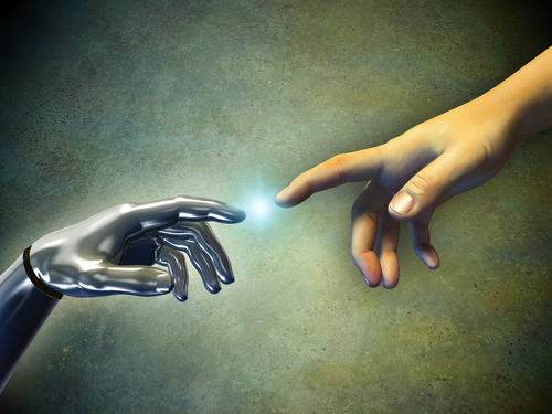 the hand of man touches robots